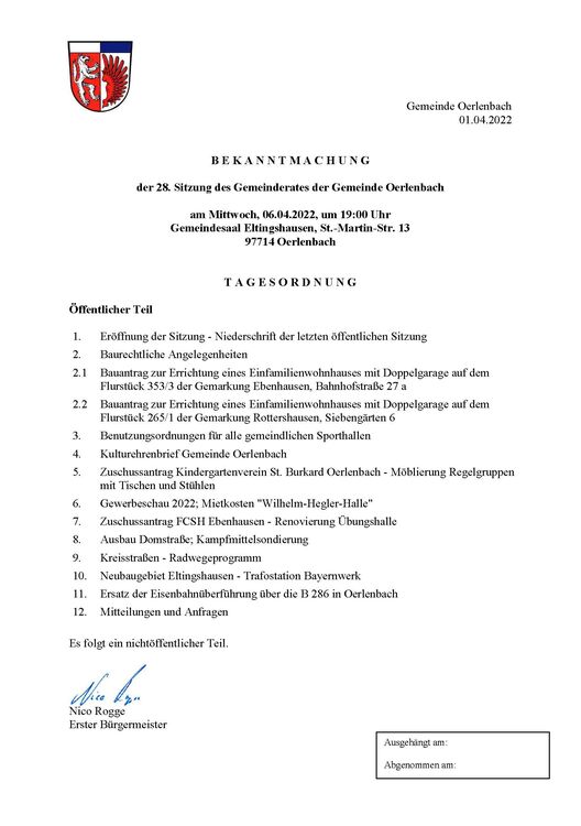 Bekanntmachung der 28. Sitzung des Gemeinderates der Gemeinde Oerlenbach