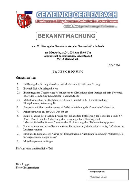 Bekanntmachung der 56. Sitzung des Gemeinderates der Gemeinde Oerlenbach