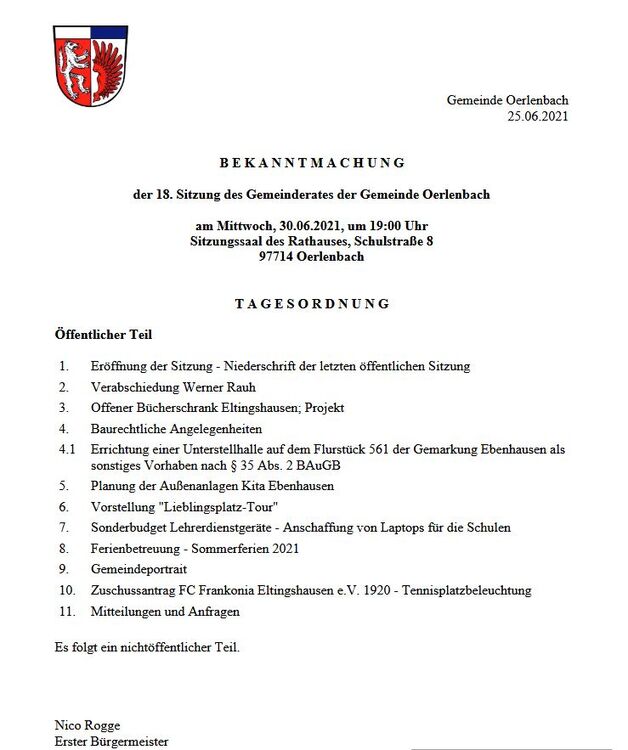 Bekanntmachung der 18. Sitzung des Gemeinderates der Gemeinde Oerlenbach